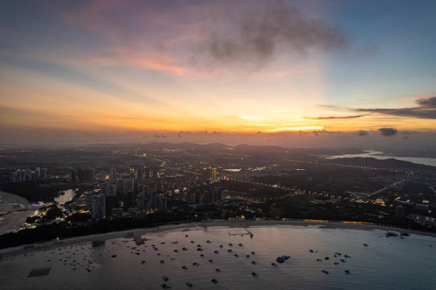 The coastline and town at dusk