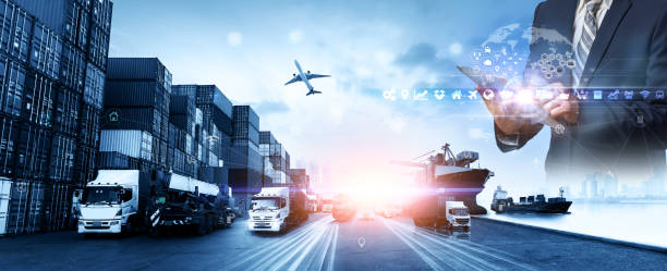 istock Business logistics network concept with Global business of Container Cargo freight train, Air cargo trucking, Rail transportation and maritime shipping, Online goods orders worldwide 1510137008