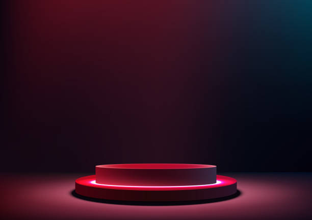 istock Modern Technology Showcase. Vibrant 3D Red Neon Color Podium on Studio Room Floor 1510148263