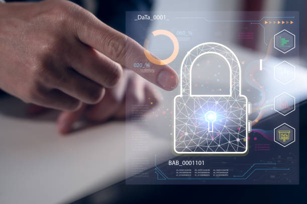 istock Internet security online business concept pointing security services padlock hologram. Internet, information, technology and security concept.Cyber security theme 1510157024