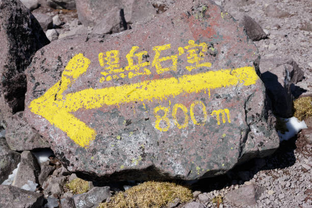 大きな岩の上の黄色い矢印のトレイルマーカー