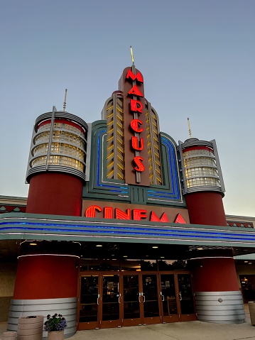 Madison, United States – May 24, 2023: A vertical shot of the iconic Margus Cinema in Madison, USA