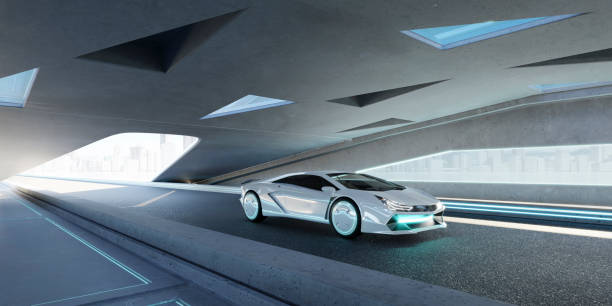 istock 3D Futuristic Electric Car park at asphalt road with modern triangle shape element design building 1510224041