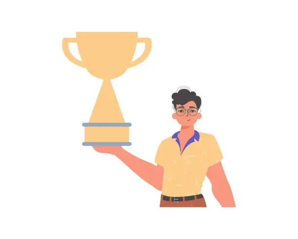 Vector illustration of The derision holds the achiever 's cup in his template. Trendy style, Vector Illustration