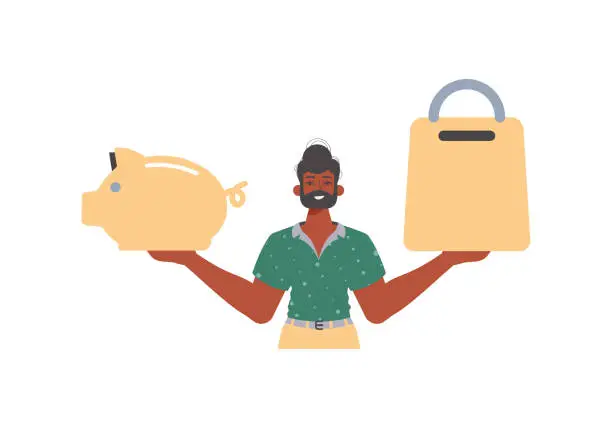 Vector illustration of The Guy holds a piglet sediment and a workshop basket in his hired handwrite. Trendy style, Vector Illustration