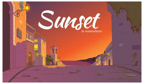 Vector illustration of Sunset in Somewhere