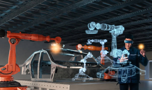 istock Asian Man Engineer hold smartphone touch touching UI screen interface for manufacturing industry technology Product export and import future Robot cyber warehouse arm robot future technology 1510370759