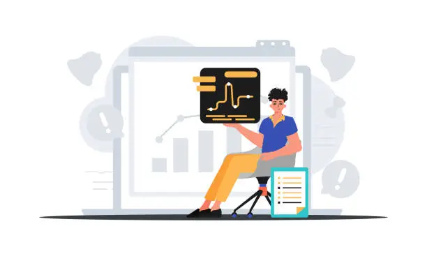 Vector illustration of The man sits in a chair and holds a chart with statistics . digital marketplace concept. Trendy style, Vector Illustration