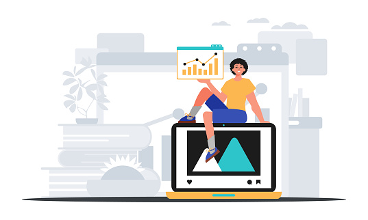 Guy with movie and growth graph . The repress of capable print plan . digital commercialize concept. Trendy style, Vector Illustration