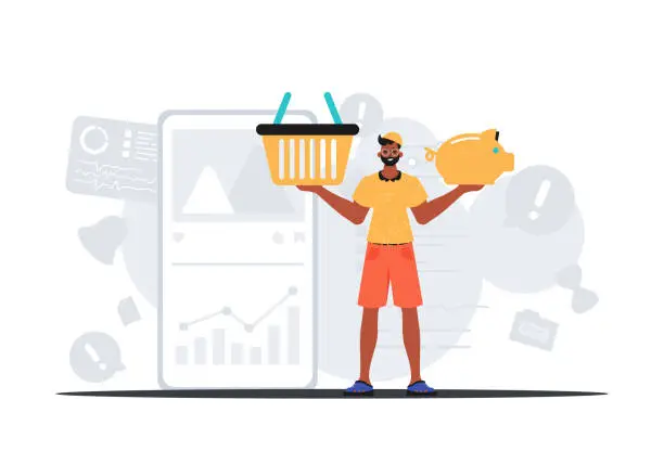 Vector illustration of The Guy holds a piggy bank and a stigmatize basket in his bridge actor . digital market concept. Trendy style, Vector Illustration