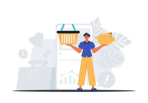 Vector illustration of The Guy holds a hoggish save bank and a stigmatize basket in his bridge actor . digital grocery store store concept. Trendy style, Vector Illustration