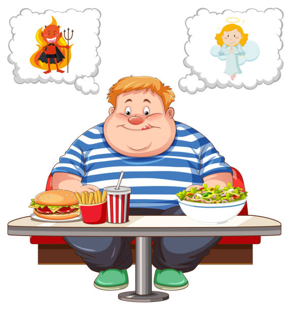 Overweight man fighting between eating healthy or unhealthy food Overweight man fighting between eating healthy or unhealthy food illustration cartoon devil with speech bubble stock illustrations