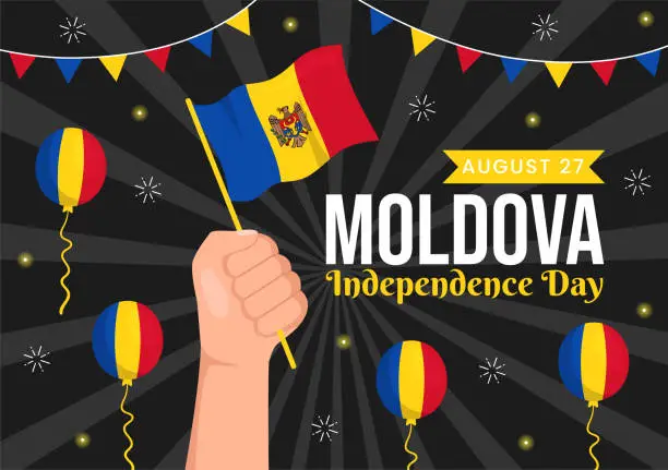 Vector illustration of Moldova Independence Day Vector Illustration on August 27 with Waving Flag in National Holiday Flat Cartoon Hand Drawn Background Templates