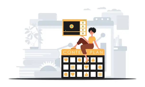 Vector illustration of The female child sits on the national purpose and holds a windowpane with a television recipient role recipient . digital grocery memory concept. Trendy style, Vector Illustration