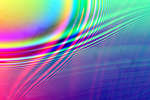 Vivid pastel colors glitch background in striped shapes, psychedelic disco shapes tech. Synth wave. Vapor wave cyberpunk style. Retro futurism, web punk, rave DJ techno in reflection disco shape