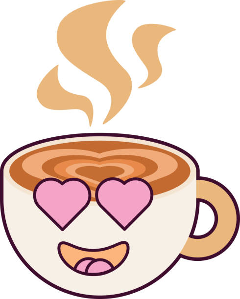 Coffee Cup in Love Smiling Character Ceramic cup smiling character with Coffee Latte and foam pattern on surface in form of heart. Cheerful mascot of children holiday and tea party. Simple colored flat vector icon isolated on white back caricature portrait board stock illustrations