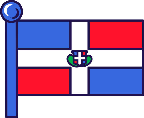 Dominican republic nation flag on flagpole vector Dominican republic nation flag on flagpole vector. White cross with national coat of arms in centre, blue and red pole of symbol of independence. Country symbolic flat cartoon illustration national geographic stock illustrations
