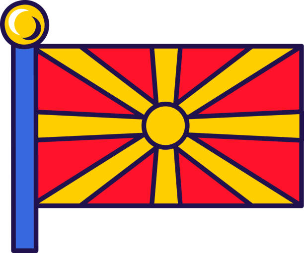 North macedonia nation flag on flagpole vector North macedonia nation flag on flagpole vector. Yellow sun on red field with eight broadening rays on officially freedom symbol of republic. Patriotic emblem flat cartoon illustration national geographic stock illustrations