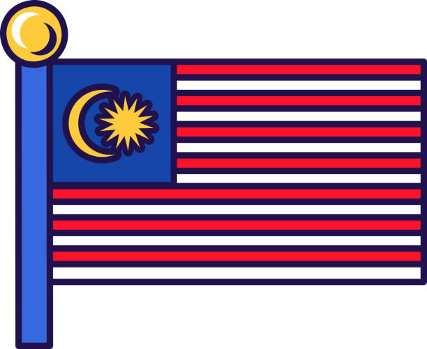 Malaysia country nation flag on flagpole vector Malaysia country nation flag on flagpole vector. Red and white horizontal stripes, yellow crescent and star on blue field. Patriotic symbolic of independence flat cartoon illustration national geographic stock illustrations