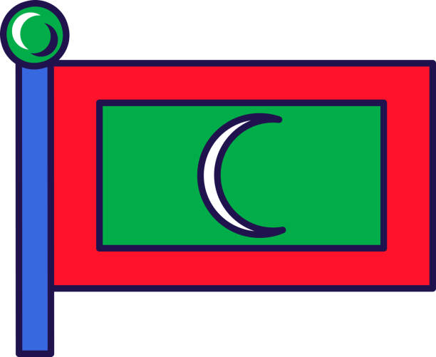 Maldives republic nation flag on flagpole vector Maldives republic nation flag on flagpole vector. White crescent on green rectangle field with red border. Islamic symbol on patriotic country symbol. Maldivian emblem flat cartoon illustration national geographic stock illustrations