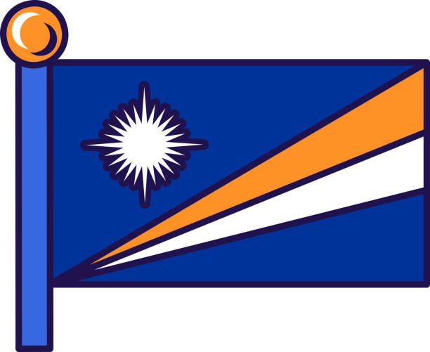 Marshall islands nation flag on flagpole vector Marshall islands nation flag on flagpole vector. Blue field with star and two diagonal stripes of orange and white color on patriotic emblem symbol of country flat cartoon illustration national geographic stock illustrations