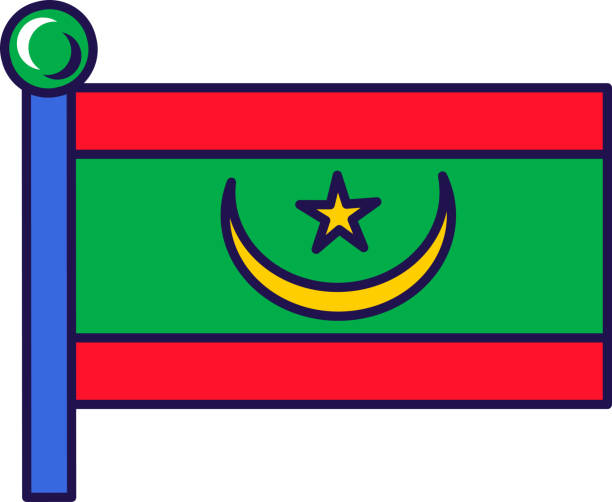 Mauritania country nation flag on flagpole vector Mauritania country nation flag on flagpole vector. Red stripes and golden crescent with star on green field. Islamic republic patriotic symbol of independence flat cartoon illustration national geographic stock illustrations