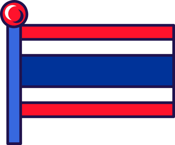 Thailand kingdom nation flag on flagpole vector Thailand kingdom nation flag on flagpole vector. Five horizontal stripes of red, white and blue color on thai country officially and tradition symbolic. Asian land sign flat cartoon illustration national geographic stock illustrations