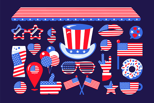 Collection of festive elements, attributes of July 4th USA Independence Day. Balloons, Drink Glass, Dollar, American flag, Uncle Sam headdress, Star sunglasses. Flat vector icons in colors of US flag