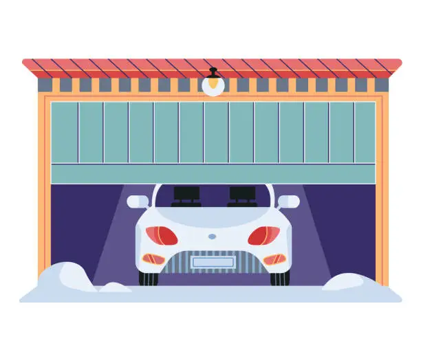 Vector illustration of Gates with lifting mechanism, place for automobile parking. Garage, vehicle storage space with car