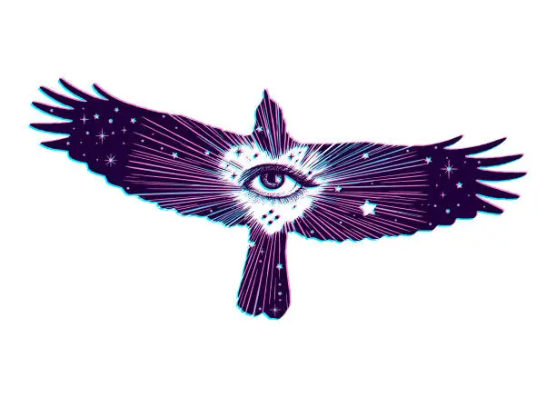 Vector illustration of Raven with all seeing eye and stars with Glitch Technique