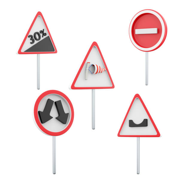 3d rendering steep climb 30 percent, side wind, hole in the road, go around the obstacle on the left or right, No entry road sign icon set. 3d render road sign concept icon set. renderizado 3d empinado subir 30 por ciento, viento lateral, agujero en la carretera, rodear el obstáculo a la izquierda o derecha, sin icono de señal de tráfico de entrada establecido. conjunto de iconos de concepto de señal de tráfico de renderizado