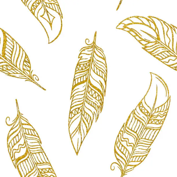 Vector illustration of Gold Feathers Seamless Pattern. Design Element for Greeting Cards and Wedding, Birthday and other Holiday and Summer Invitation Cards Background.
