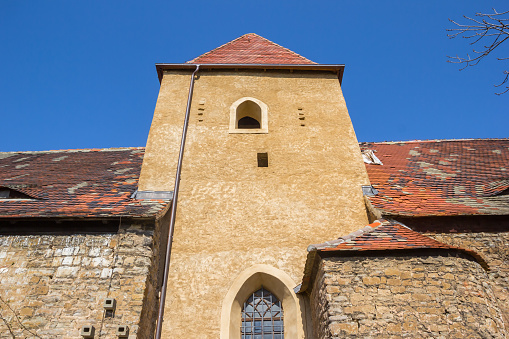 Tower of the historic St. Nicolai church on top of the hill in Seeburg