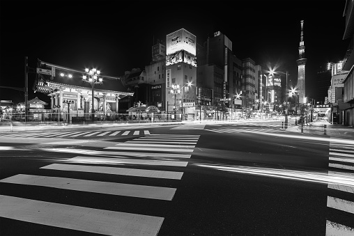 Tokyo, Japan - May 30, 2023 : Night scenery of traffic in Asakusa district, Tokyo, Japan