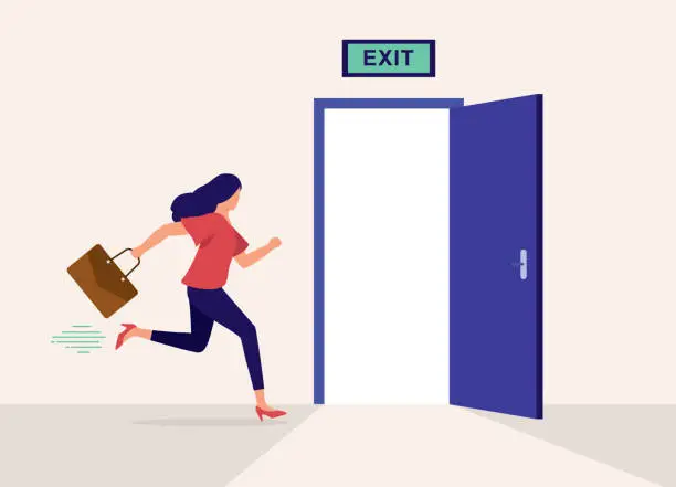 Vector illustration of Businesswoman With Briefcase Running To The Exit Door.