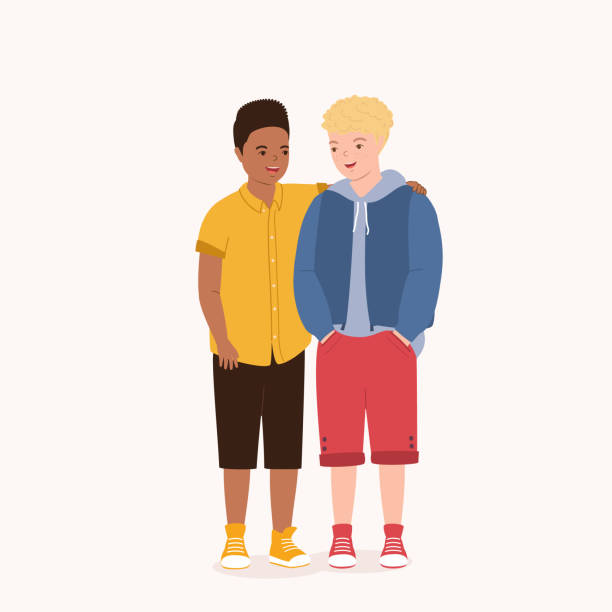 bildbanksillustrationer, clip art samt tecknat material och ikoner med mixed race of little boys hugging each other. best friend. - hålla armen om