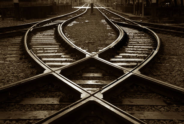 Railway track with switch and interchange stock photo