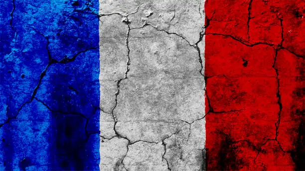 Vector illustration of Horizontal creative backgrounds of tricolor stripes or bands, in bright blue, white and vibrant red smudged colors as in National French Flag of France painted on a rough uneven textured effect grunge rustic cracked peeling off weathered wall like surface