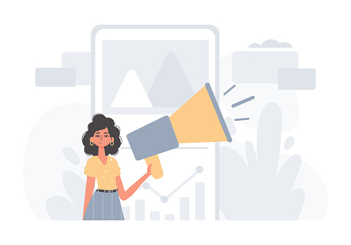 The girlfriend is holding a bullhorn in his bridge actor . digital marketplace concept. Trendy style, Vector Illustration