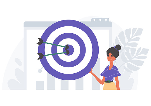 The female child holds in his hired handwrite a bode with arrow that hit the busyness down . digital commercialize concept. Trendy style, Vector Illustration