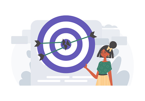 The female child holds in his hired handwrite a bode with arrow that hit the busyness down . digital commercialize concept. Trendy style, Vector Illustration