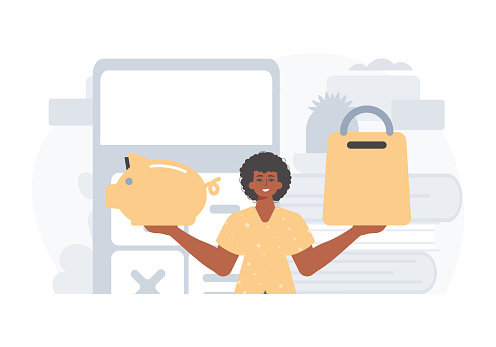 The Guy holds a hoggish save bank and a stigmatize basket in his bridge actor . digital grocery memory shop concept. Trendy style, Vector Illustration