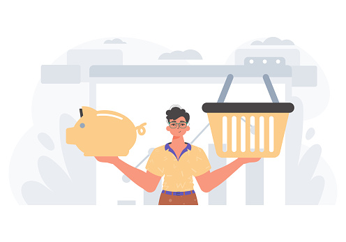 The Guy holds a hoggish save bank and a stigmatize basket in his bridge actor . digital grocery store shop memory stigmatize concept. Trendy style, Vector Illustration