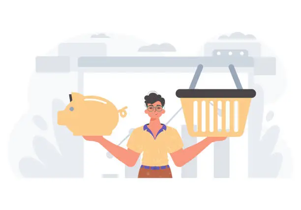 Vector illustration of The Guy holds a hoggish save bank and a stigmatize basket in his bridge actor . digital grocery store shop memory stigmatize concept. Trendy style, Vector Illustration