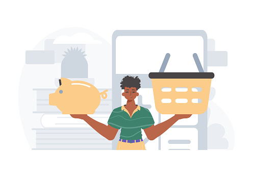 The Guy holds a hoggish save bank and a stigmatize basket in his bridge actor . digital grocery store memory denounce concept. Trendy style, Vector Illustration