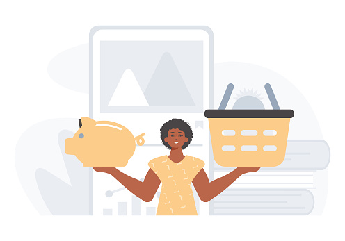 The Guy holds a hoggish save bank and a stigmatize basket in his bridge actor . digital grocery store memory shop memory stigmatize concept. Trendy style, Vector Illustration