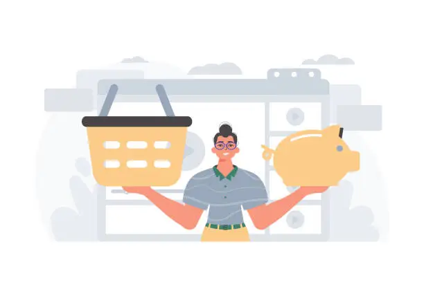 Vector illustration of The Guy holds a hoggish save bank and a stigmatize basket in his bridge actor . digital grocery store memory shop shop denounce memory patronize class class memory stigmatize concept.