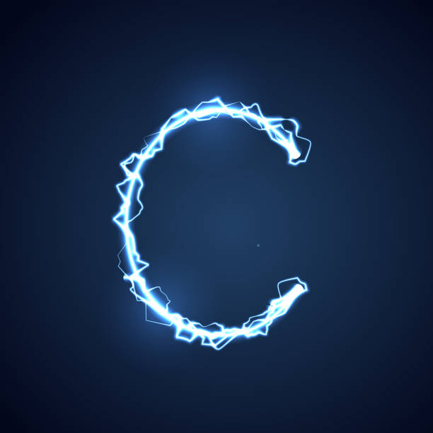 istock Blue lightning style letter or alphabet C. lightning and thunder bolt or electric font, glow and sparkle effect on blue background. vector design. 1510619595