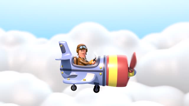 3D cartoon pilot flying a small plane in clouds. Cute red small or toy aeroplane