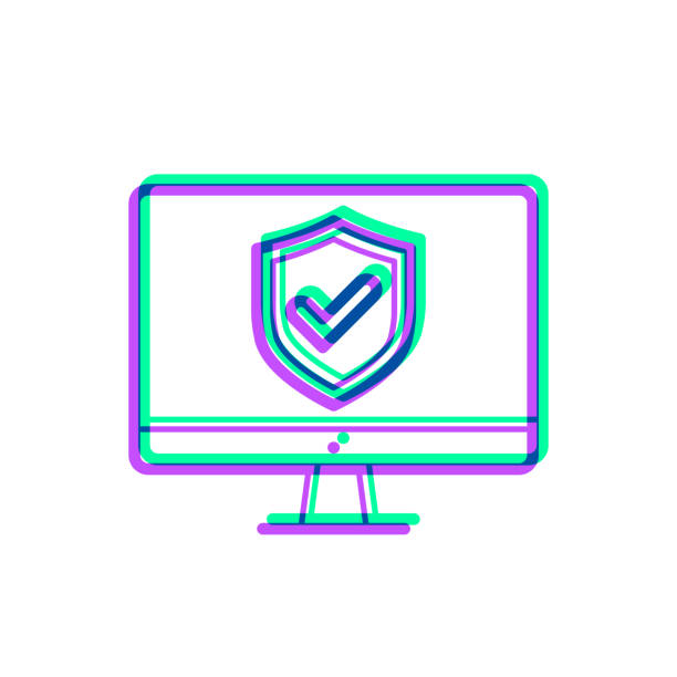 ilustrações de stock, clip art, desenhos animados e ícones de secure desktop computer. icon with two color overlay on white background - check mark digital composite blue computer icon